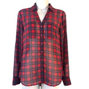 Express Red Black Tartan Plaid Portofino Button Front Blouse Notched V Neck